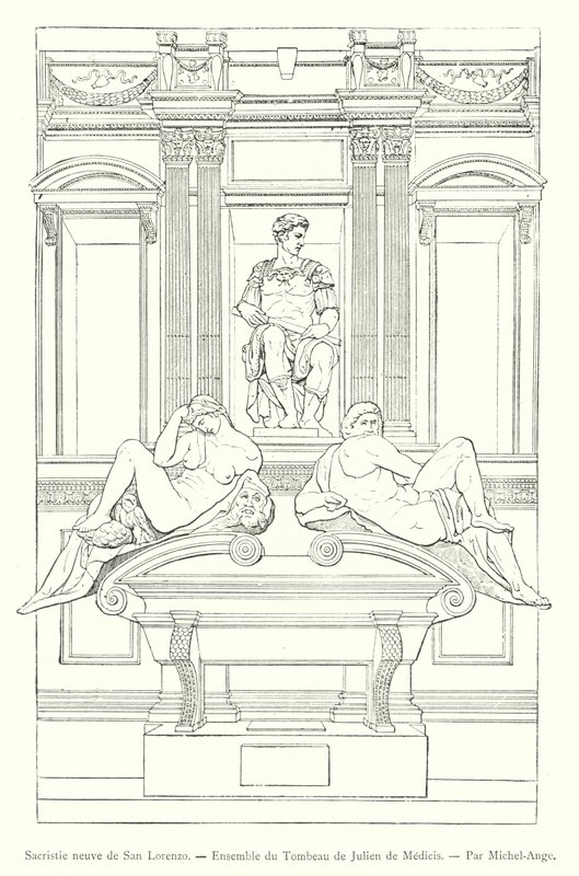 Nová sakristie San Lorenzo, soubor hrobky Giuliana de Medici, Michelangelo (rytina) od Italian School