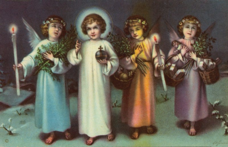 Svatý a andělé (barevná litografie) od Italian School