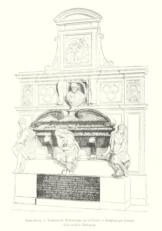 Santa Croce, hrobka Michelangela, od Vasariho, socha od Lorenziho, Cioli a Giov Dell