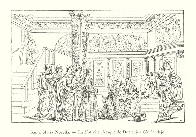 Santa Maria Novella, La Nativite, freska od Domenica Ghirlandajo (rytina) od Italian School