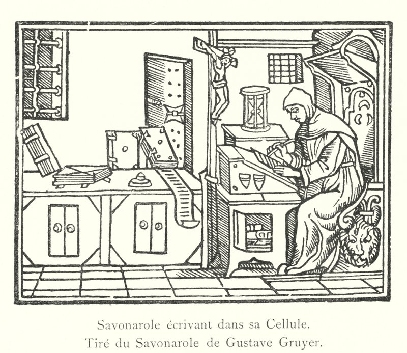 Savonarola píše ve své cele, ze Savonarola od Gustava Gruyera (rytina) od Italian School