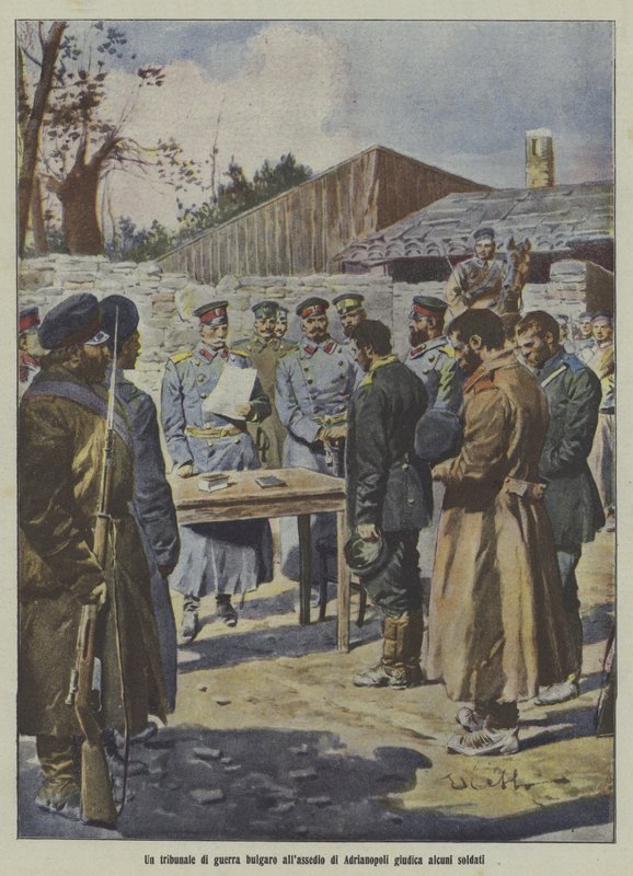 Vojáci souzení bulharským vojenským tribunálem při obléhání Adrianopole, první balkánská válka (barevná litografie) od Italian School