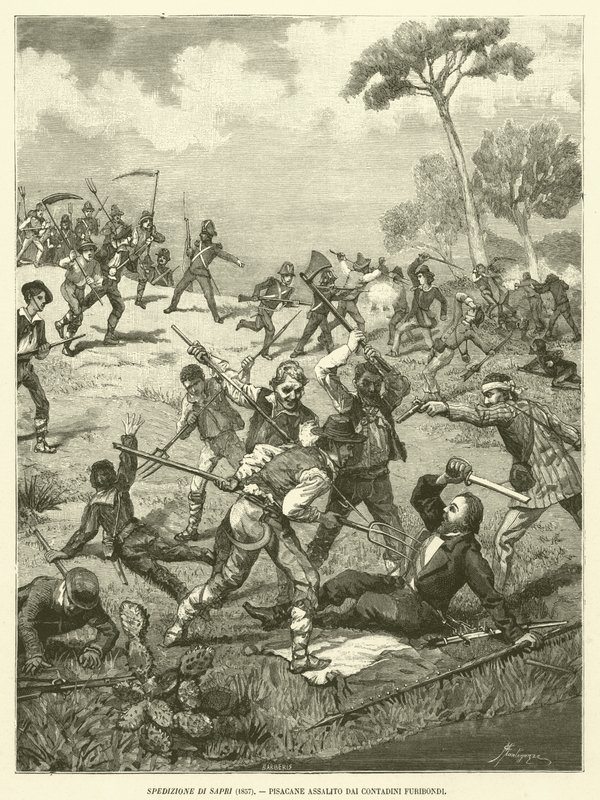 Expedition of Sapri (1857), Pisacane Assaulted by Furious Peasants (rytina) od Italian School
