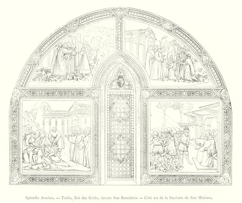Spinello Aretino, Totila, Roi des Goths, devant San Benedetto, Cote est de la Sacristie de San Miniato (rytina) od Italian School