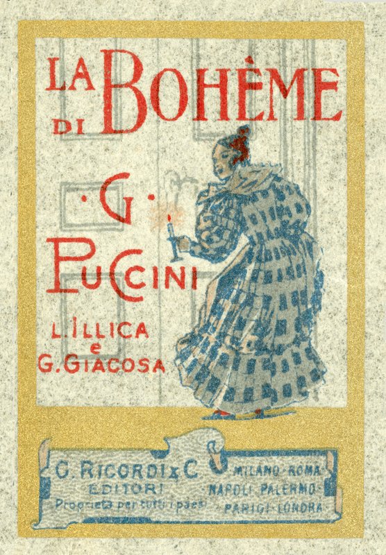 Reklama o velikosti známky pro Giacomo Puccinis La Boheme, poprvé uvedena v roce 1896 od Italian School