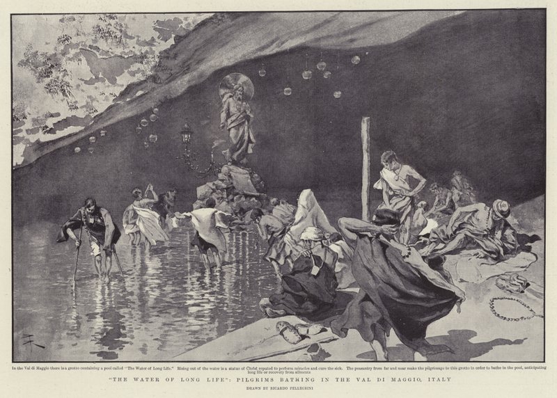 "Voda dlouhého života", Poutníci koupající se ve Val di Maggio, Itálie (litografie) od Italian School