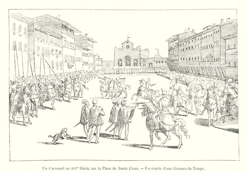 Kolotoč v 16. století, na Plaza de Santa Croce, Faksimile rytiny z času (rytina) od Italian School