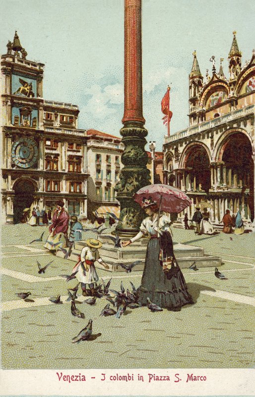 Benátky, Itálie, Sloupy na náměstí San Marco (barevná litografie) od Italian School