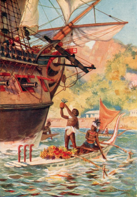 Obyvatelé Markéz vyměňují ovoce s expedicí Captain Cooks od J. Williamson