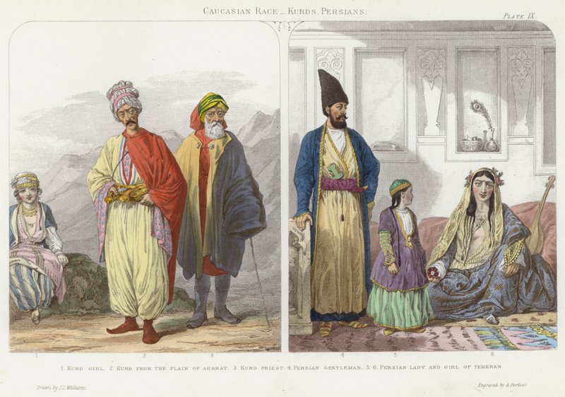 Kavkazská rasa, Kurdové, Peršané (barevná rytina) od J.L. (after) Williams