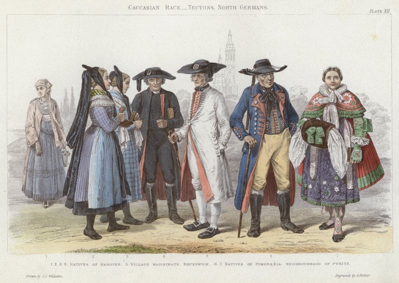 Kavkazská rasa, Germáni, Severní Němci (barevná rytina) od J.L. (after) Williams
