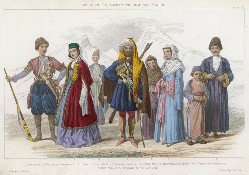 Gruzínské, Čerkesské a Arménské rasy (barevná rytina) od J.L. (after) Williams