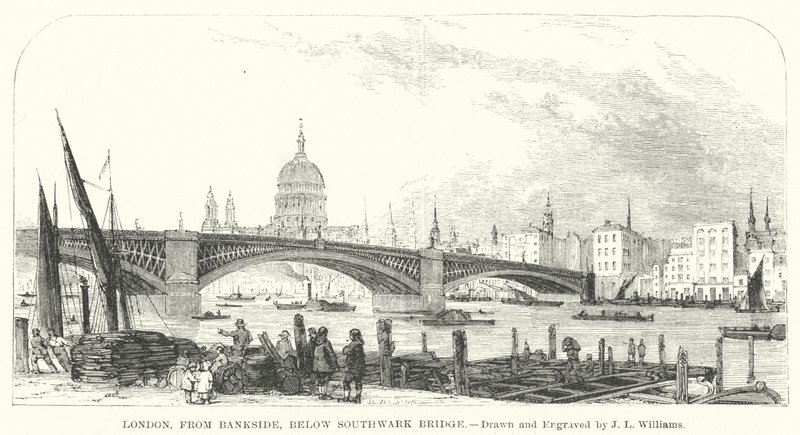 Londýn, z Bankside, pod mostem Southwark (rytina) od J.L. (after) Williams