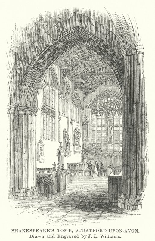 Shakespearova hrobka, Stratford-upon-Avon (rytina) od J.L. (after) Williams