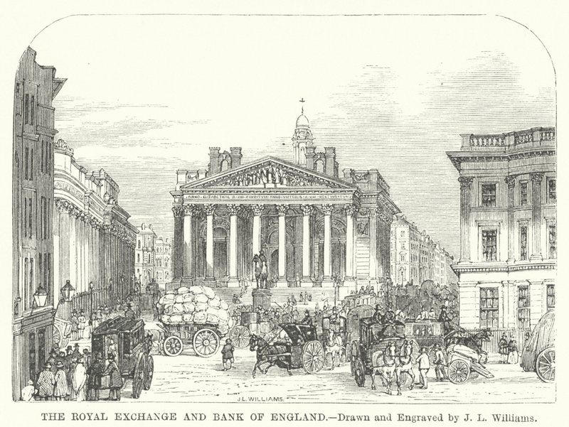 Royal Exchange a Bank of England (rytina) od J.L. (after) Williams