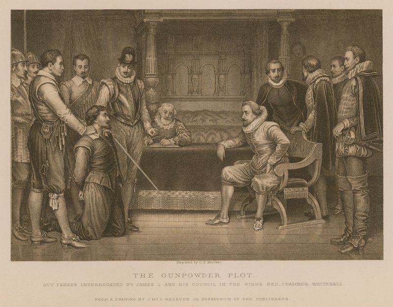 The Gunpowder Plot; Guy Fawkes vyslýchán králem Jakubem I. a jeho radou v královské ložnici, Whitehall od J.M.L. Ralston