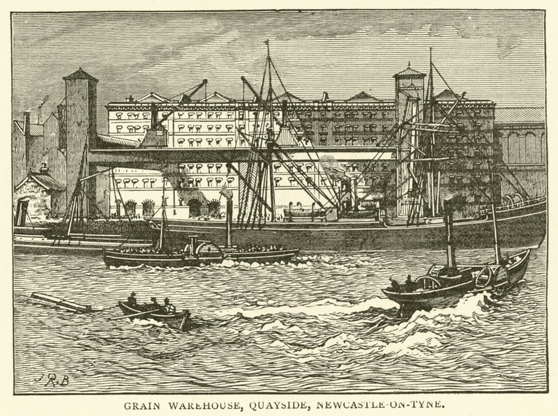 Grain Warehouse, Quayside, Newcastle-on-Tyne (rytina) od J.R. Brown