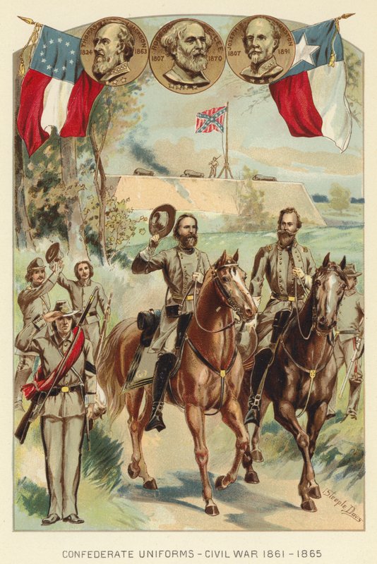 Konfederační uniformy, občanská válka 1861-1865 (barevné lito) od J. (after) Steeple Davis
