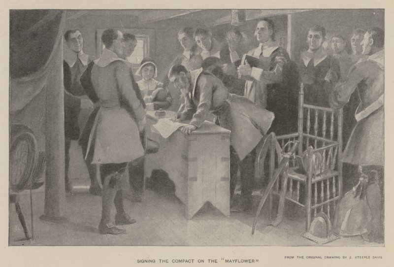 Podepisování kompaktu na "Mayflower" (litho) od J. (after) Steeple Davis