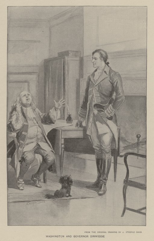 Washington a guvernér Dinwiddie (litho) od J. (after) Steeple Davis