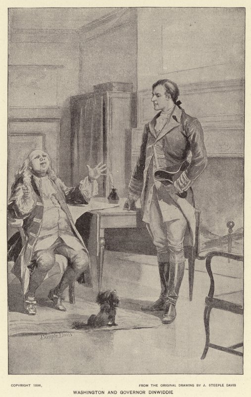 Washington a guvernér Dinwiddie (litho) od J. (after) Steeple Davis