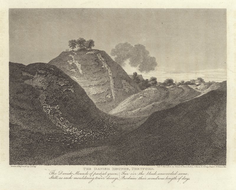 Robert Bloomfield, básník: The Danish Mounds, Thetford (rytina) od J. Greig