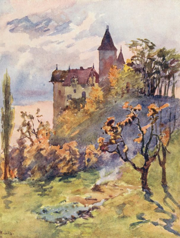 Chateau de Blonay (barevná litografie) od J. Hardwicke Lewis