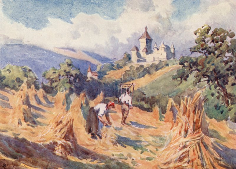 Chateau de Vufflens, nad Lausanne (barevná litografie) od J. Hardwicke Lewis