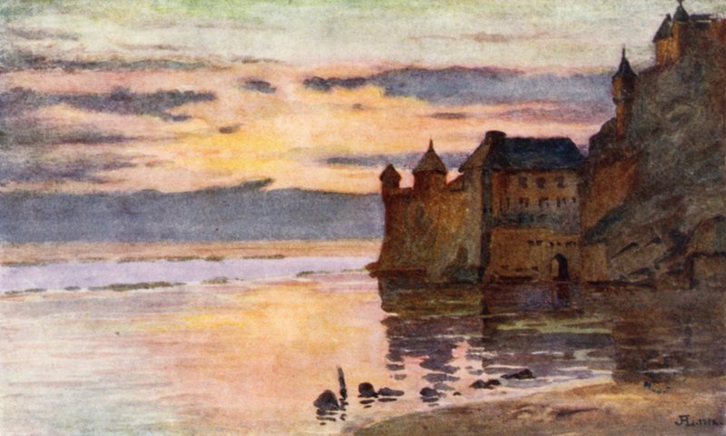 Gendarmerie, Tour Gabriel a River Coesnon, Mont St Michel (barevné lito) od J. Hardwicke Lewis