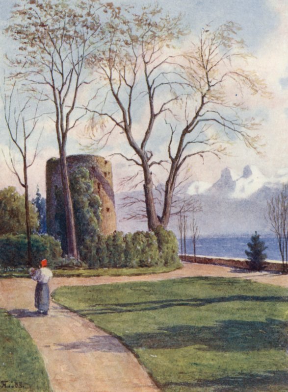 Haldimandova věž, Quchy, Lausanne (barevná litografie) od J. Hardwicke Lewis
