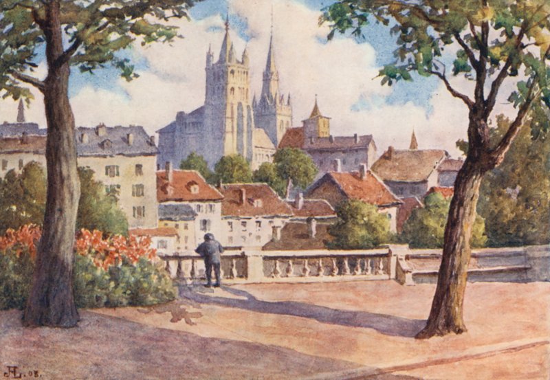 Katedrála v Lausanne z Montbenonu (barevná litografie) od J. Hardwicke Lewis