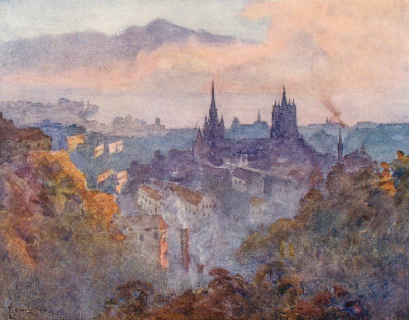 Lausanne ze signálu (barevná litografie) od J. Hardwicke Lewis