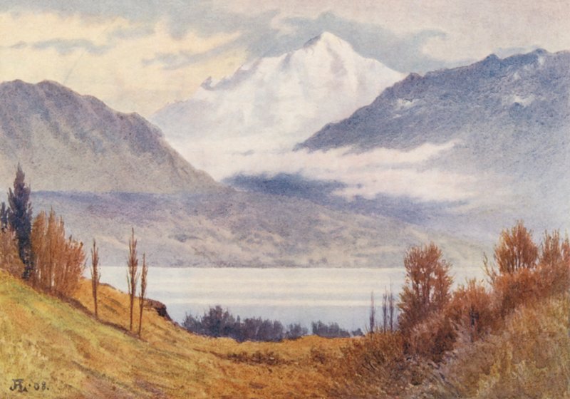 Mont Blanc nad Morges (barevná litografie) od J. Hardwicke Lewis