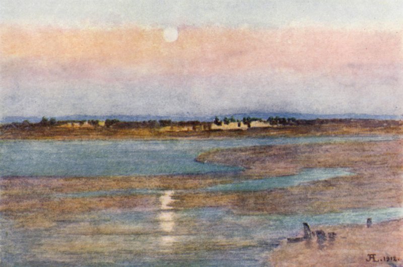 Východ měsíce při západu slunce, z La Croix Blanche, Mont St Michel (barevné lito) od J. Hardwicke Lewis