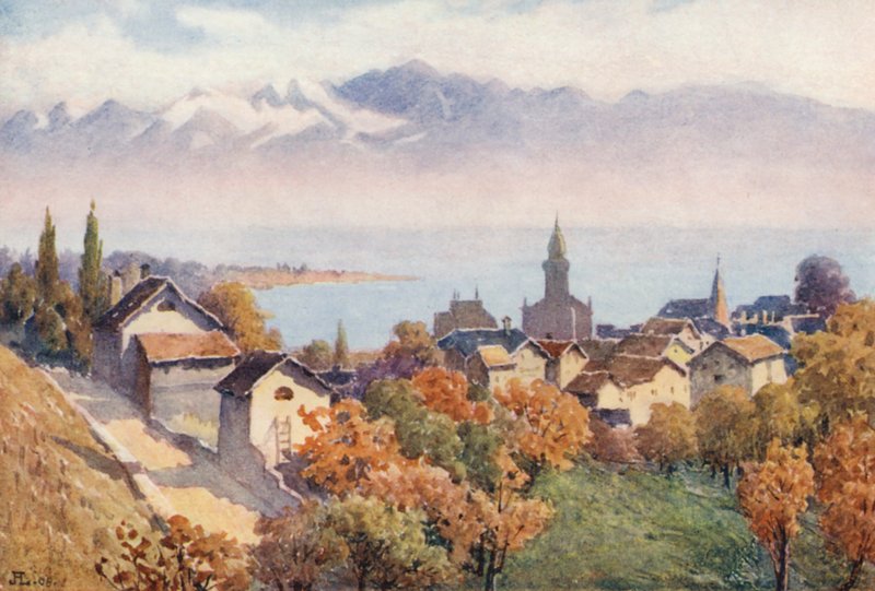 Morges a jezero ze silnice do Vufflens (barevná litografie) od J. Hardwicke Lewis