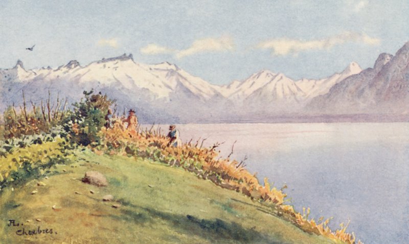 Údolí Rhôny od Chexbres (barevná litografie) od J. Hardwicke Lewis