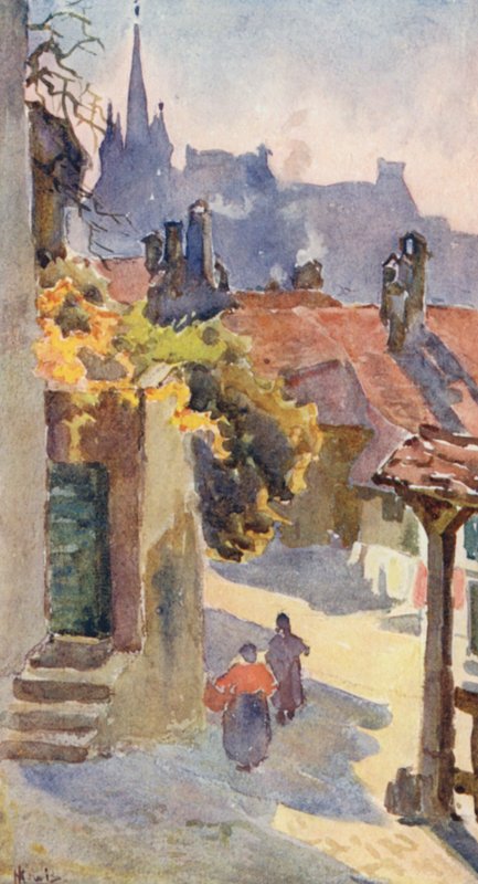Věž sv. Františka, Lausanne (barevná litografie) od J. Hardwicke Lewis