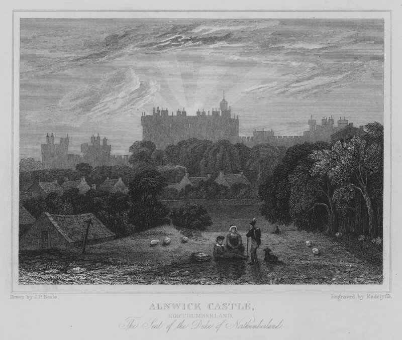 Hrad Alnwick, Northumberland, sídlo vévody z Northumberlandu (rytina) od John Preston Neale
