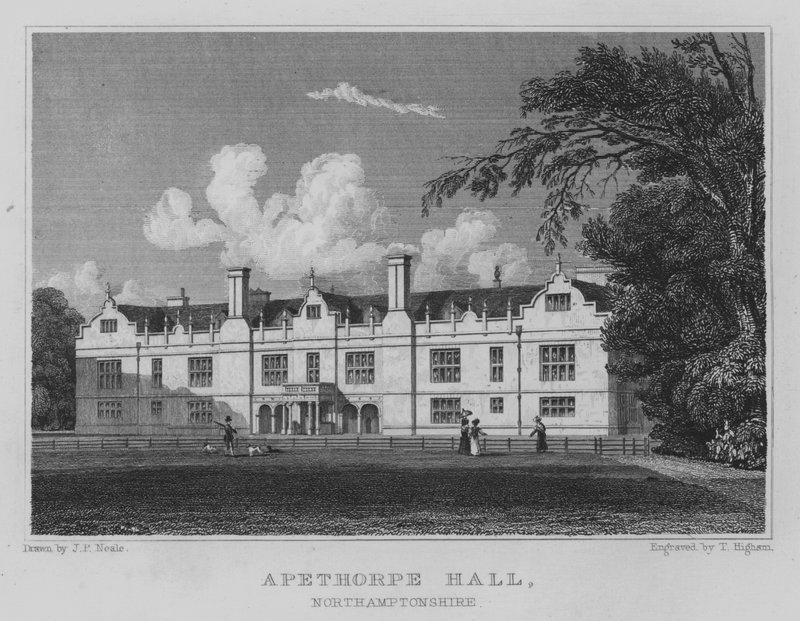 Apethorpe Hall, Northamptonshire (rytina) od John Preston Neale