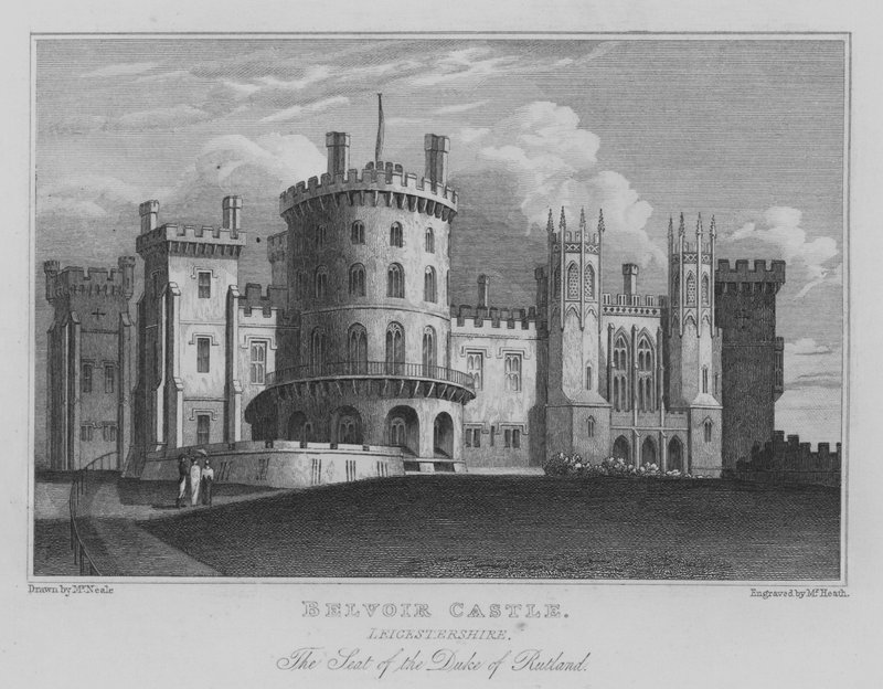 hrad Belvoir, Leicestershire; Sídlo vévody z Rutlandu (rytina) od John Preston Neale