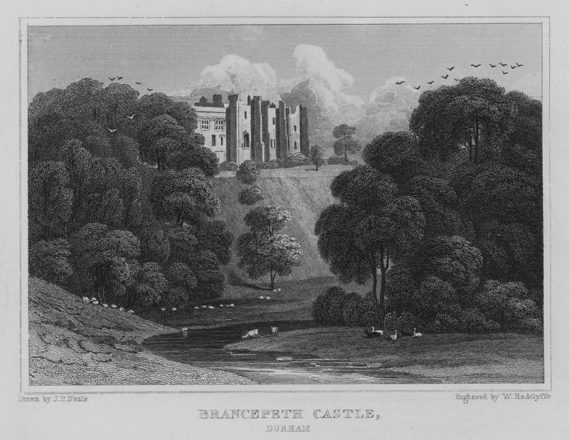 Brancepeth Castle, Durham (rytina) od John Preston Neale