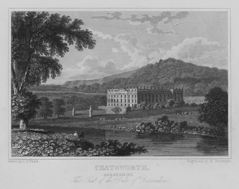 Chatsworth, Derbyshire, Sídlo vévody z Devonshire (rytina) od John Preston Neale