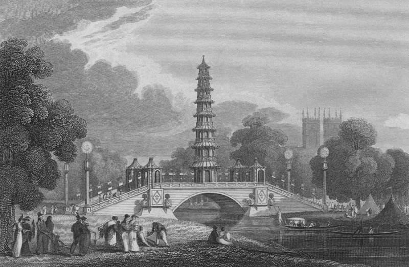Čínská pagoda a most, v parku St James, Middlesex, jak to vypadalo 1. srpna 1814 (rytina) od John Preston Neale