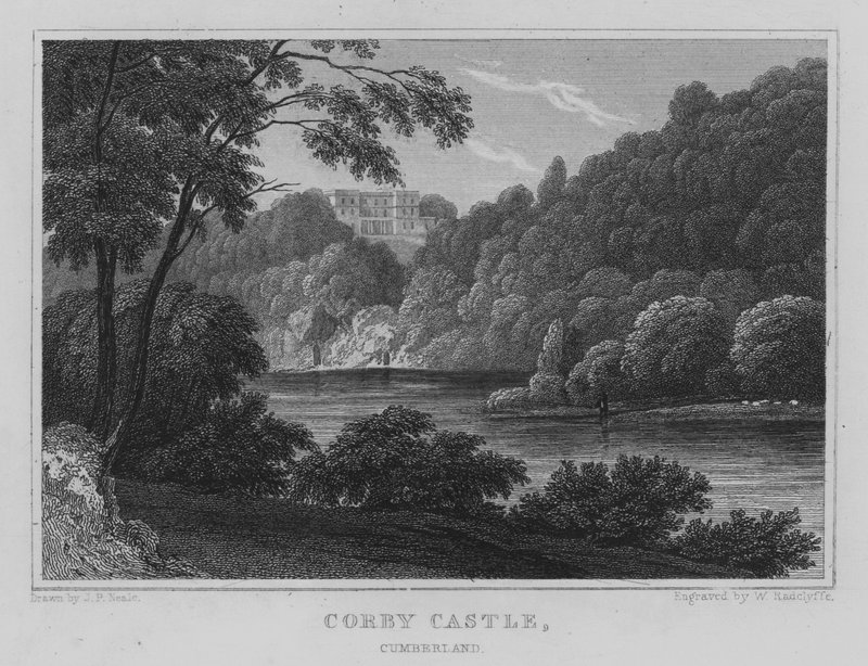 Corby Castle, Cumberland (rytina) od John Preston Neale
