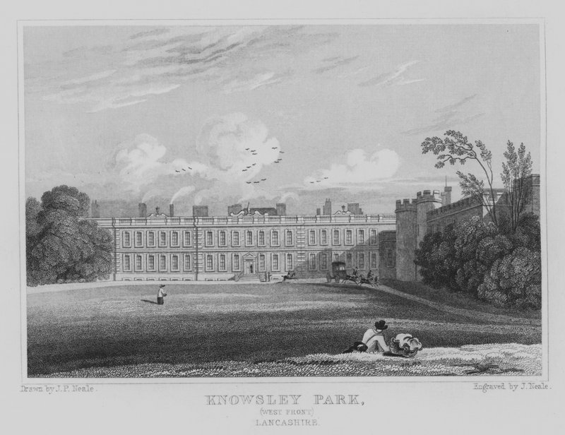 Knowsley Park, West Front, Lancashire (rytina) od John Preston Neale