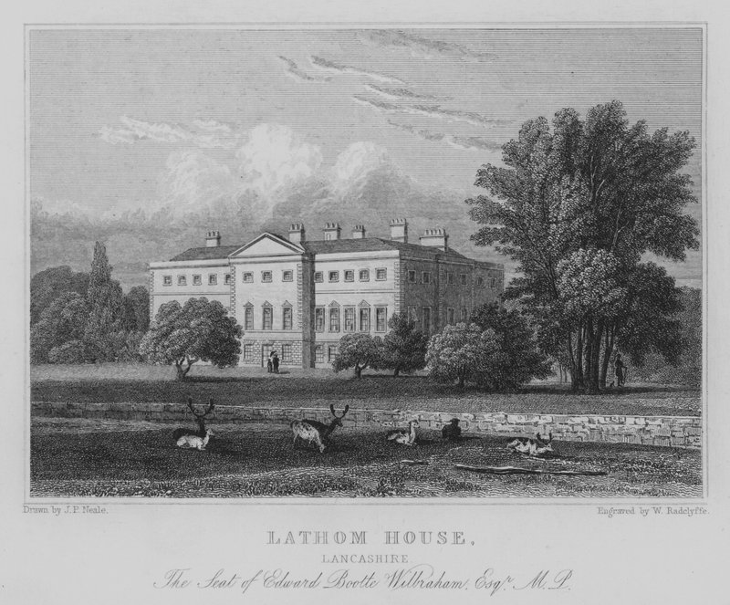 Lathom House, Lancashire, Sídlo Edwarda Boolte Wilbrahama, Esquire, MP (rytina) od John Preston Neale