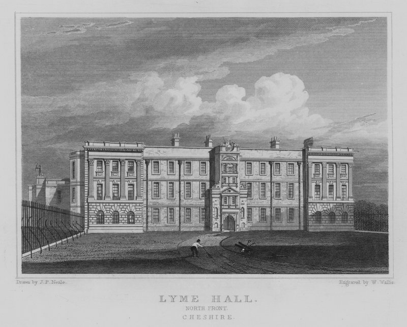 Lyme Hall, North Front, Cheshire (rytina) od John Preston Neale