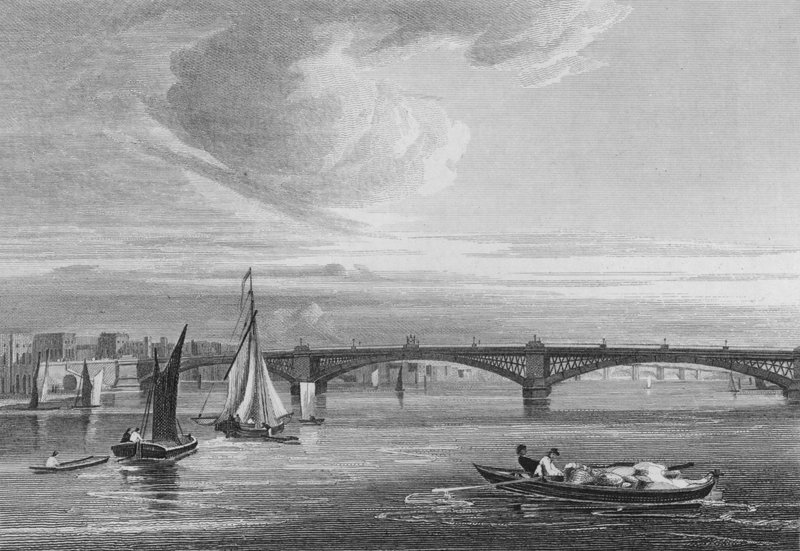 Nový Iron Bridge, přes Temži z Queen Street (rytina) od John Preston Neale