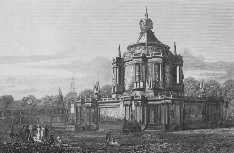 Temple of Concord, v Green Park, Middlesex, jak to vypadalo 1. srpna 1814 (rytina) od John Preston Neale