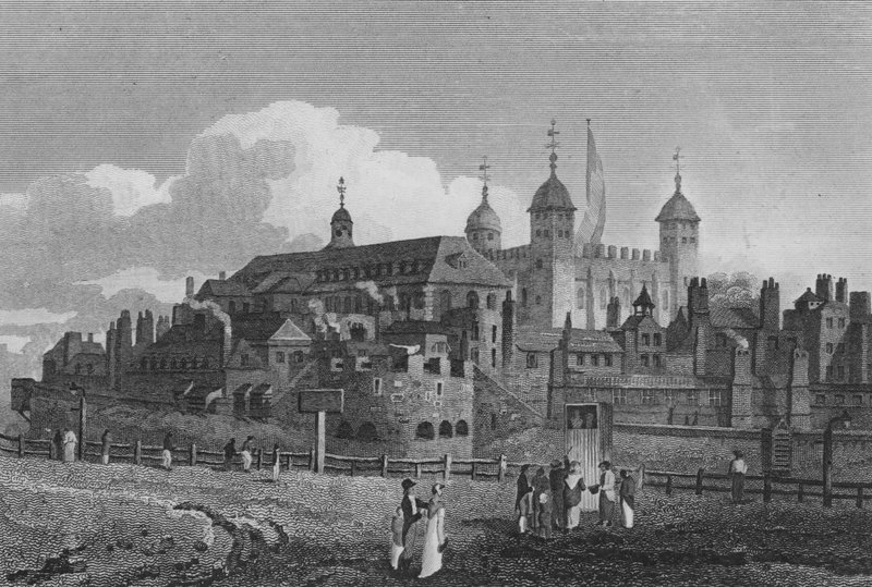 Tower of London, z kopce (rytina) od John Preston Neale